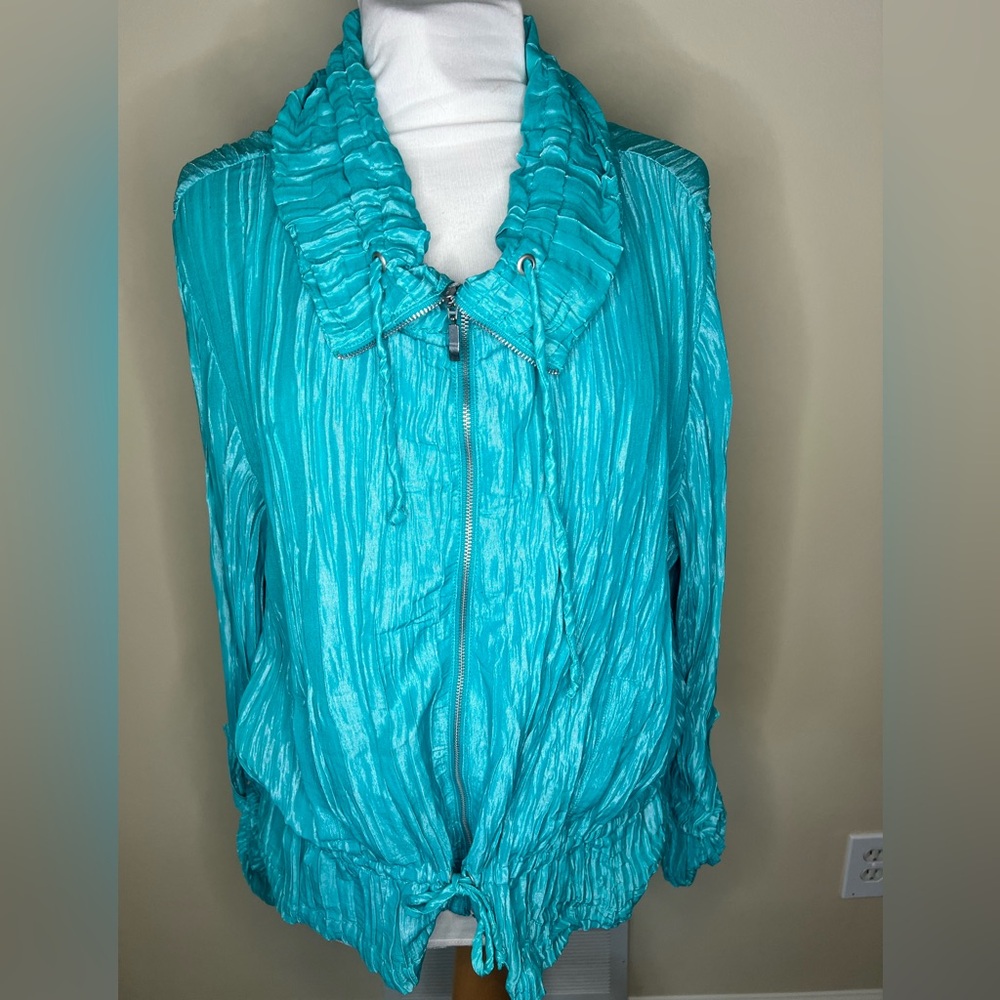 Vintage Ruby Red Teal Zip-Up Jacket with Ruffled Collar